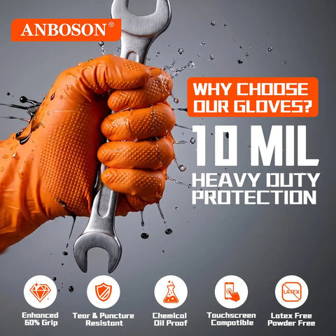 Heavy Duty 10 Mil Nitrile Gloves With Diamond Grip Latex Free Chemical Resistant Orange Disposable Mechanic Gloves For Oil, Automotive And Industrial Work Extra Large being used to grip a wrench, showcasing 10 mil heavy-duty protection and diamond grip.