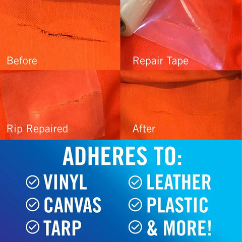 Heavy Duty Clear Patch Tape For Fabric And Vinyl 30 Ft Long 3 In Wide Peel And Stick No Fuss Quick Fix Weatherproof Repair Tape showcased in before and after repair on fabric