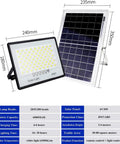JUDYSSY Solar Street Light W/Remote Control, Led Solar Flood Lights Outdoor, showing dimensions, solar panel, and specifications.
