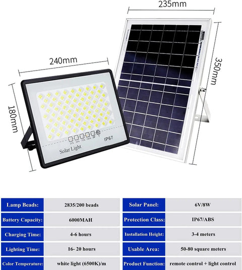 JUDYSSY Solar Street Light W/Remote Control, Led Solar Flood Lights Outdoor, showing dimensions, solar panel, and specifications.