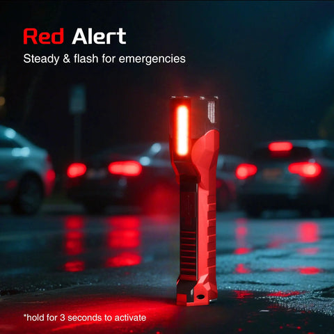 Rechargeable Beast 1200 Lumen Work Light With 160 Degree Swivel Head Magnetic Base And Hooks Dual COB Flood Light And LED Spotlight 6 Modes For Car Repairs And Home Emergency Prep standing on wet road with red emergency light on.