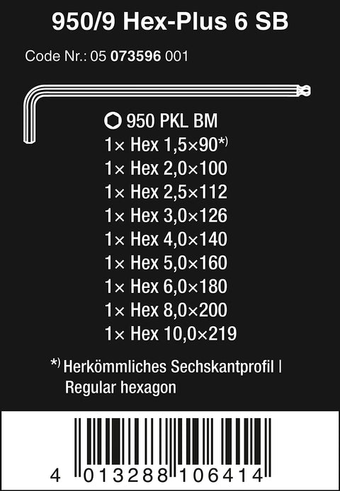 Hexagon 950 L Key Set With Ballpoint Hex Keys 9 Piece Long Arm BlackLaser Hardened Blades packaging label with specifications