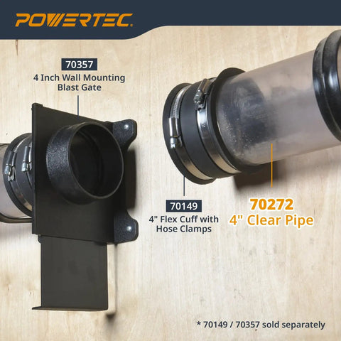 Image showing Clear PVC Dust Pipe 4 In By 36 In Long One Pack Rigid Tubing for dust collection systems with fittings and clamps.