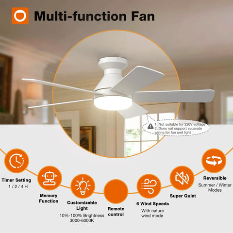 Top Shelf 42 Inch White Low Profile Ceiling Fan With Bright Led Light And Ridiculously Quiet Remote, shown in ceiling with modern design.