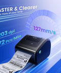 Compact Bluetooth 4x6 Thermal Shipping Label Printer D450BT for Small Business printing labels, with speed and DPI metrics.