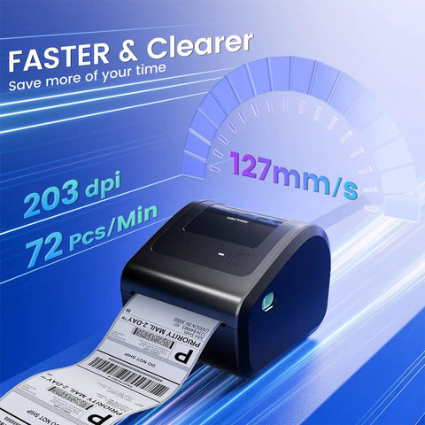 Compact Bluetooth 4x6 Thermal Shipping Label Printer D450BT for Small Business printing labels, with speed and DPI metrics.