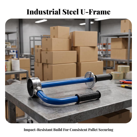 Heavy Duty Manual Wrapping Tool And Stretch Film Dispenser With Hella Comfortable Black Handles For No Sweat Packing and Zero Hand Fatigue During Busy Warehouse Shifts And Fast Box Sealing on a table.