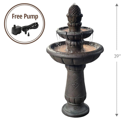 Deluxe Pineapple Pedestal Two Tier Floor Waterfall Fountain With Pump For Outdoor Patio Garden Backyard Decking Iron Gray 39 Inch Height Durable Polyresin Weatherproof Water Feature