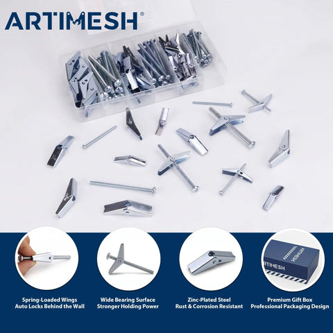 36 Piece Toggle Bolt Anchors Kit With 3 Size Metal Butterfly Drywall Anchors One Eighth Three Sixteenths One Quarter Inch For Hollow Walls And Ceilings Heavy Duty Gear For Shelving And Heavy Fixtures, zinc-plated steel toggle bolts in storage box