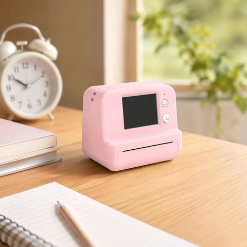 Totally Rad Pink Mini Thermal Printer With AI Voice Recognition And Built In Display on wooden desk next to clock and notebook.