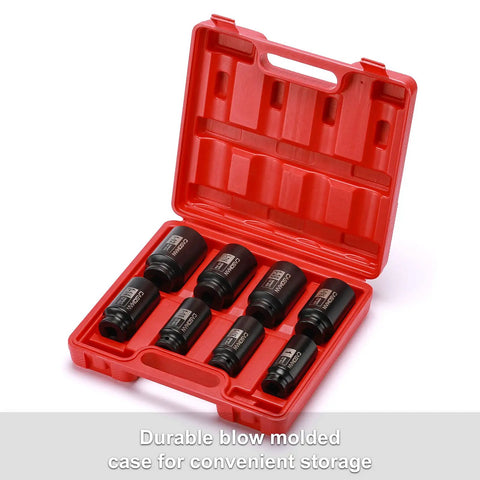 Red case with Half Inch Drive Deep Spindle Axle Nut Impact Socket Set, 6 Point, CR-MO Steel, SAE 1 to 1-1/2 Inches, 8-piece