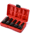 Open red case showing Three Quarter Inch Drive Impact Hex Bit Set Five Piece SAE Kit Built Tough For Maximum Torque, CR MO steel.