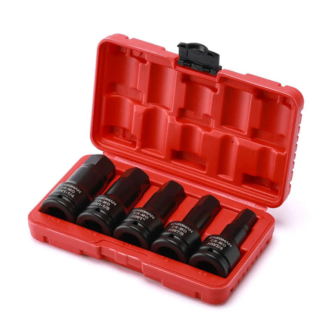 Open red case showing Three Quarter Inch Drive Impact Hex Bit Set Five Piece SAE Kit Built Tough For Maximum Torque, CR MO steel.