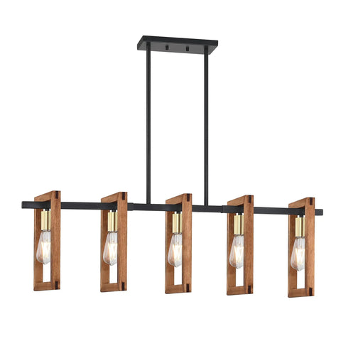 Farmhouse Gold Solid Wood Five Light Chandelier With Black Metal Frame For Kitchen Island Vibe Entryway Dining Room And Bedroom Lighting Rustic Modern Style Easy Hardwired Ceiling Mount LED Ready With E26 Bulbs