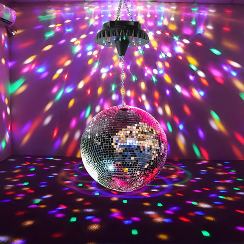 Rechargeable Disco Ball Spinner With Remote Control, Adjustable Speed, 18 RGBW LEDs, 4000mAh Battery in action spreading lights