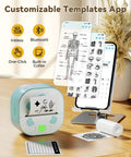 Bluetooth Sticker Printer Mini Portable Sticker Maker With 3 Roll Paper Inkless Thermal Printing For iPhone Notes And Journals DIY Crafts And Kids Gift On The Go, shown with custom templates and smartphone.