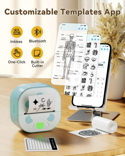 Bluetooth Sticker Printer Mini Portable Sticker Maker With 3 Roll Paper Inkless Thermal Printing For iPhone Notes And Journals DIY Crafts And Kids Gift On The Go, shown with custom templates and smartphone.
