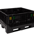 Kickass Workhorse Industrial Grade Collapsible Bulk Box With 1700 Pound Capacity And Four Way Forklift Access For Warehouse Material Handling And Retail Storage Made In Usa, showing black HDPE storage crate.