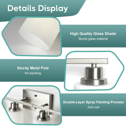 Details display of Legit Top Tier Four Light Vanity Mirror Fixture featuring sturdy metal pole and high quality glass shade.