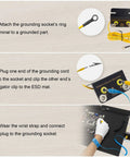 Step-by-step guide on using the Extra Large Anti Static Soldering Mat With Grounding Accessories And Wrist Strap, Pro Grade And Heat Resistant Up To 932F, Large Silicone ESD Safe Work Pad For Electronics Assembly, 27.6 Inch By 15.7 Inch, Black, showing grounding process.