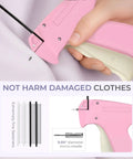Dang Quick Stitch Gun For Clothes, Lightning Fast Sewing Mender With Micro Fasteners, Slick Handheld Garment Repair Tool, No Sweat Pocket Packing Fixer For Pants And Shirts, Pink, close-up of tool on fabric with micro needle