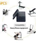 6 pack Heavy Duty Treadmill Mat Pads for home gym equipment like treadmills and weight benches, shown on a compatibility chart.