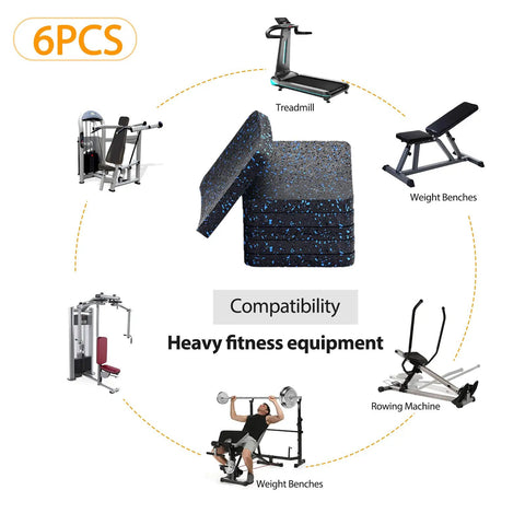 6 pack Heavy Duty Treadmill Mat Pads for home gym equipment like treadmills and weight benches, shown on a compatibility chart.