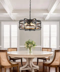 Dope Industrial Black 4 Light Cage Chandelier For Dining Room And Kitchen Farmhouse Rustic Pendant Light Fixture hanging over table