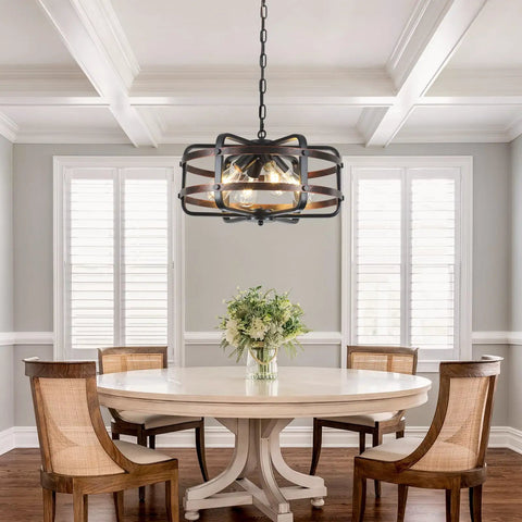 Dope Industrial Black 4 Light Cage Chandelier For Dining Room And Kitchen Farmhouse Rustic Pendant Light Fixture hanging over table