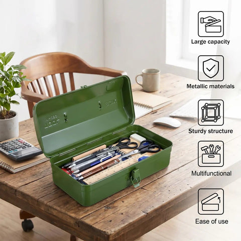 Open Green Metal Tool Box With Lock 15 Inch Heavy Duty Steel Chest on wooden desk, holding pens and scissors