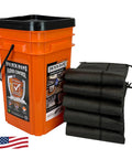 Grab And Go Flood Kit with five 10ft flood barriers in bucket, water-activated, no sand needed, up to 50ft protection