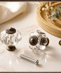 Crystal Pumpkin Cabinet Knobs 25 Pieces Clear Acrylic Drawer Pulls With Screws Vintage Round Dresser Knob For Kitchen Cabinets Wardrobe Cupboard Doors shown with additional screws on table.