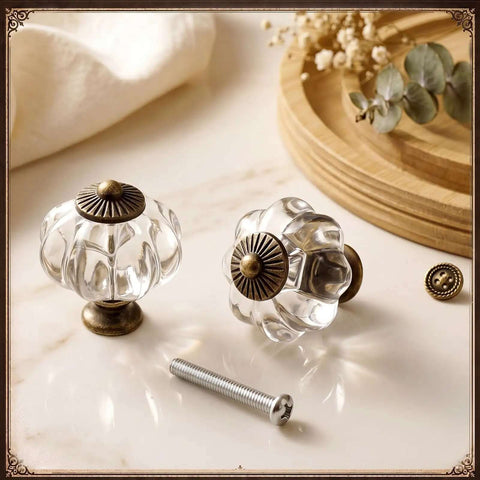 Crystal Pumpkin Cabinet Knobs 25 Pieces Clear Acrylic Drawer Pulls With Screws Vintage Round Dresser Knob For Kitchen Cabinets Wardrobe Cupboard Doors shown with additional screws on table.