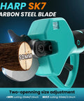 Smooth Cordless Electric Pruning Shears Featuring Brushless Motor And Dual 2Ah Batteries For No Sweat Tree Trimming And Branch Cutting Features Upgraded SK7 Steel Blades With Teflon Coating That Cuts Wood Like Butter close-up of sharp SK7 carbon steel blade cutting a 50mm thick log