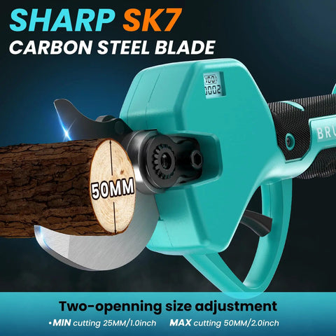 Smooth Cordless Electric Pruning Shears Featuring Brushless Motor And Dual 2Ah Batteries For No Sweat Tree Trimming And Branch Cutting Features Upgraded SK7 Steel Blades With Teflon Coating That Cuts Wood Like Butter close-up of sharp SK7 carbon steel blade cutting a 50mm thick log