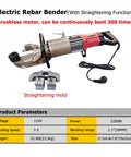 Professional Electric Hydraulic Rebar Bender 3200W Brushless Motor with bending and straightening features shown.