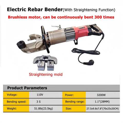 Professional Electric Hydraulic Rebar Bender 3200W Brushless Motor with bending and straightening features shown.