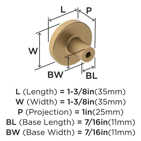 Slick Modern Cabinet Knobs With A Fresh Champagne Bronze Finish showing dimensions for kitchen drawer hardware.