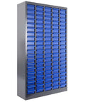 Front view of 100 Drawer Parts Cabinet For Tools And Hardware Organization With Alloy Steel Frame And ABS Drawers In Silver And Blue Finish