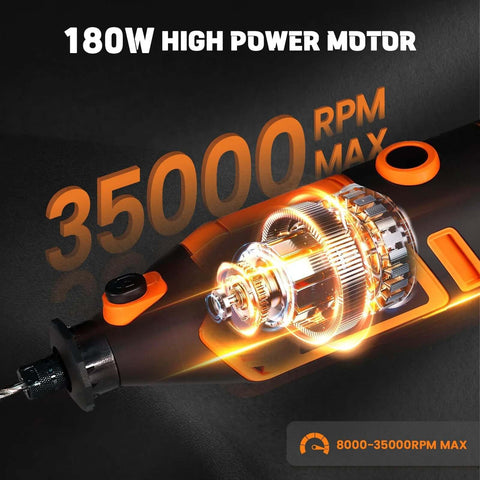 Front view of HARDELL orange 180W corded rotary tool with transparent housing showing internal gears