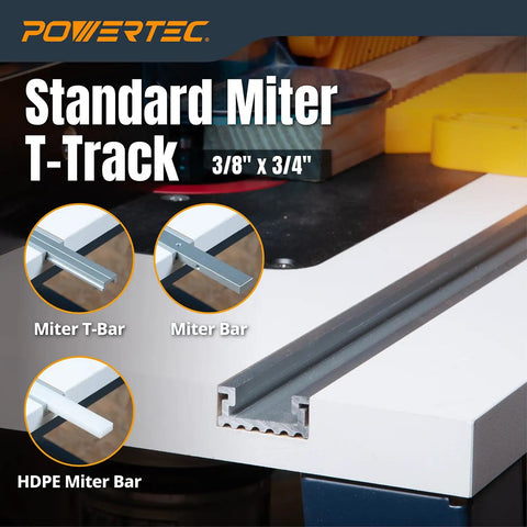 48 Inch Heavy Duty Aluminum Miter T Track And T Slot Bar Kit showing miter t-bar and track mounted on worktable.