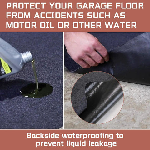 Oversized Garage Floor Mat For Under Your Car, 8.8 By 22 Feet, showing non slip waterproof backing and oil absorbency