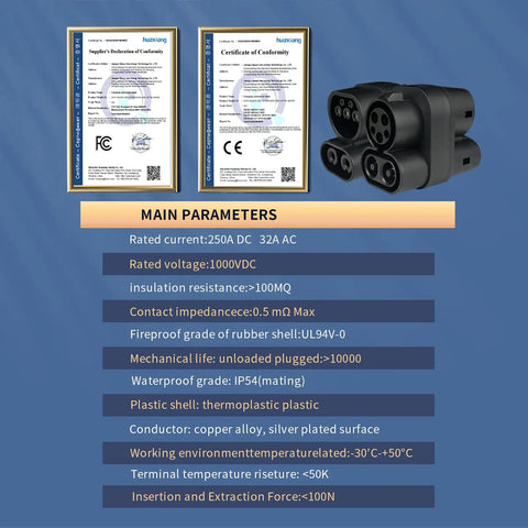 CCS1 To CCS2 EV Charger Adapter with certificates and specifications, featuring dual AC DC compatibility and powerhouse 250KW peak power