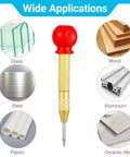 Two Pack Automatic Center Punch 5 Inch Brass Spring Loaded Hammerless Tool With Comfy Palm Wrap For Metal Wood Plastic And Emergency Glass Breaker Delivers Dead On Alignment Every Time showing diverse materials including glass, wood, and metal.