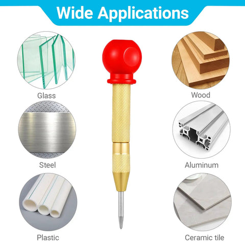 Two Pack Automatic Center Punch 5 Inch Brass Spring Loaded Hammerless Tool With Comfy Palm Wrap For Metal Wood Plastic And Emergency Glass Breaker Delivers Dead On Alignment Every Time showing diverse materials including glass, wood, and metal.