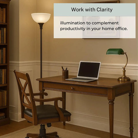 Bronze 72 Inch Torchiere Floor Lamp With Glass Shade next to wooden desk in home office