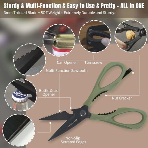 All-Purpose Kitchen Scissors With Extra Sharp Blades, Built-In Knife Sharpener And Sheath, Stainless Steel Anti-Rust Black Titanium Plated, Dishwasher Safe, Heavy Duty Shears For Poultry Meats And Everyday Cutting, Green, green multi-function shears with serrated blades
