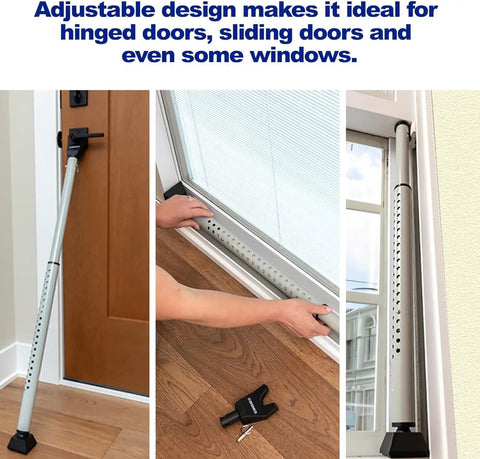 Beefy Heavy Duty Door Security Bar Adjustable For Travel Home Dorm And School Fits Hinged And Sliding Doors Made From 20 Gauge Steel For Extra Protection And Easy Tool Free Fit From 25 To 43 Inches Door Jammer shown installed on doors.
