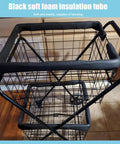 Black foam insulation tubing kit on wire basket; multi size pipe insulation foam tubing kit with inner diameters from 1/4 to 4-1/3 inches.