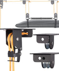 Garage Ceiling Cargo Hoist with metal pulley system visible, holding 150 lbs rooftop carrier, low profile overhead storage solution.